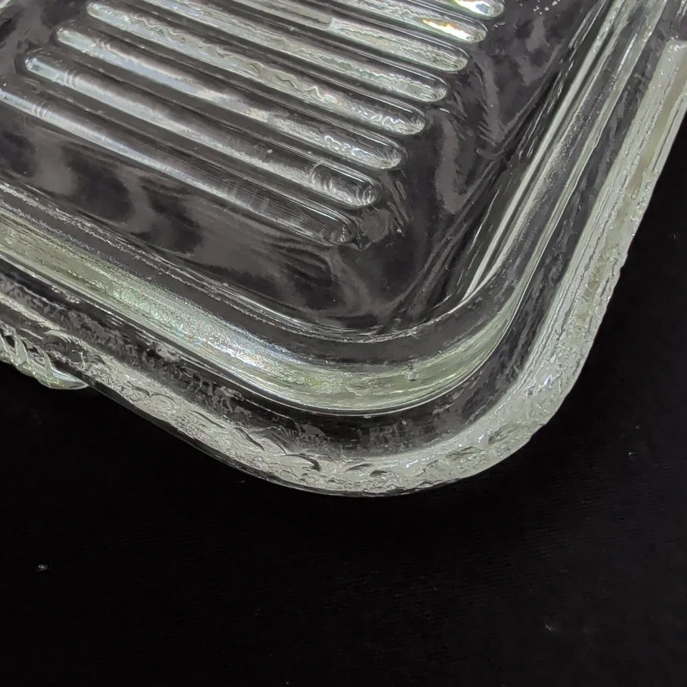 Vintage Clear Glass Ribbed Covered Rectangular Refrigerator Dish FLAWS